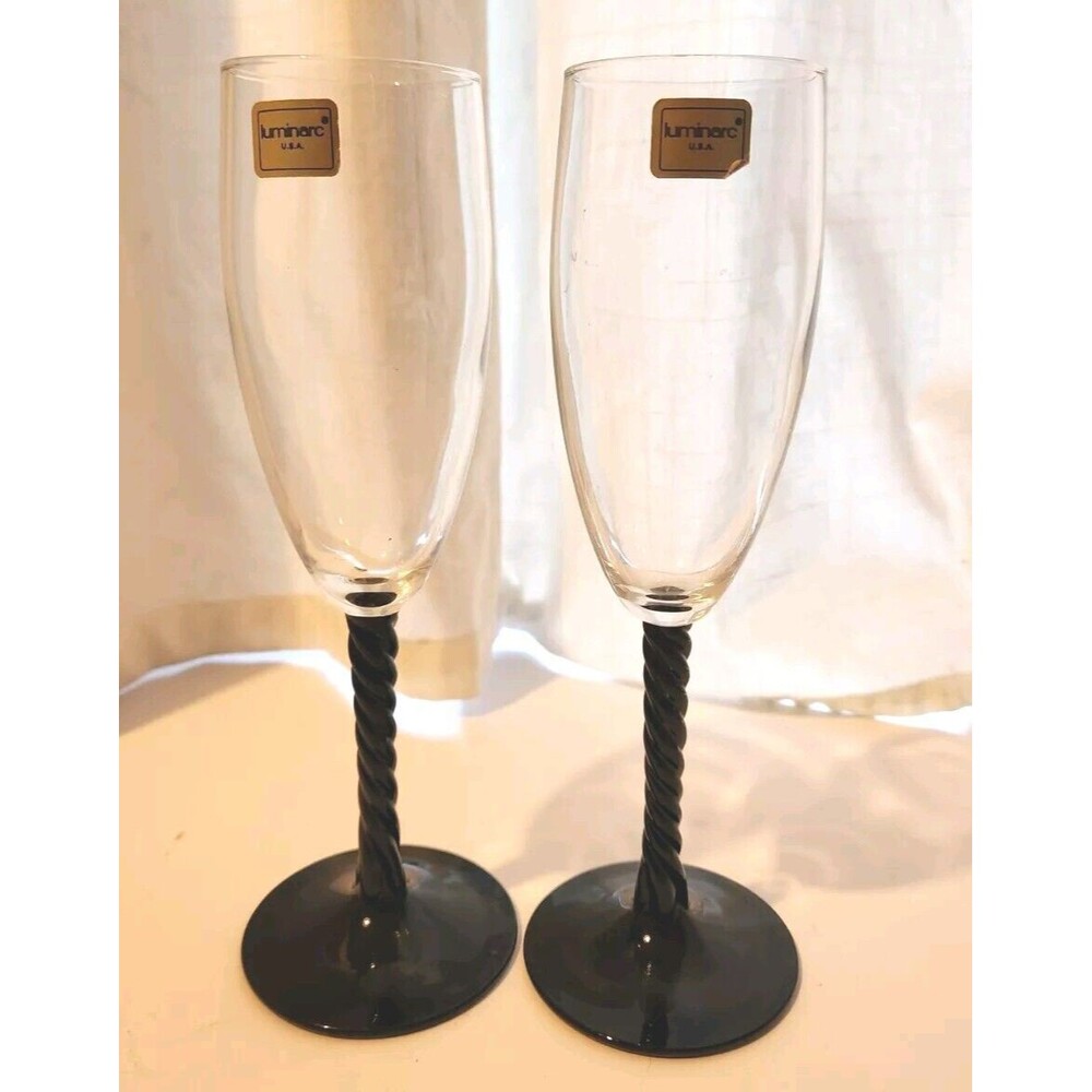 2 Luminarc Cristal D’Arques Twisted Stem Black Glass 8” Champagne Flutes 6OZ New